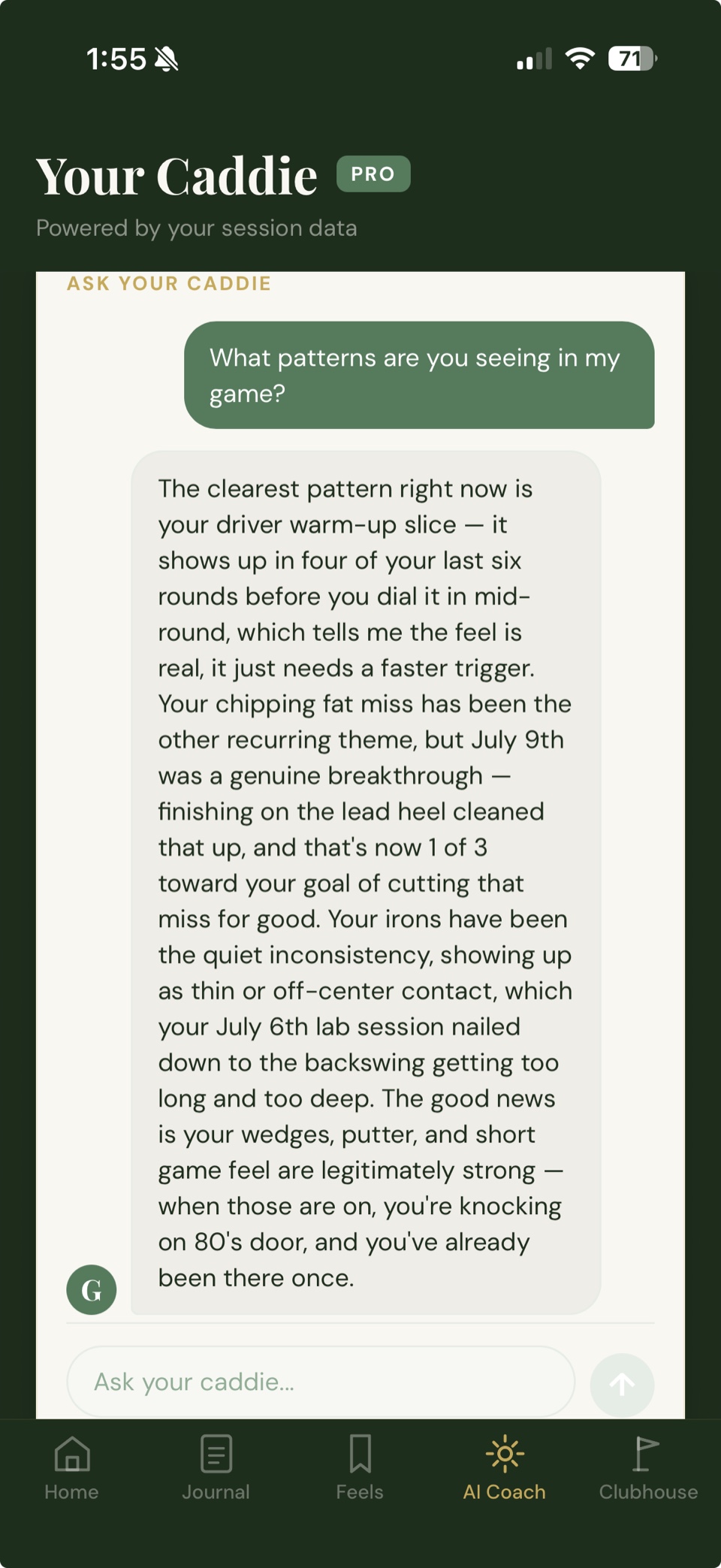 The AI Caddie chat analyzing patterns across a golfer's logged sessions
