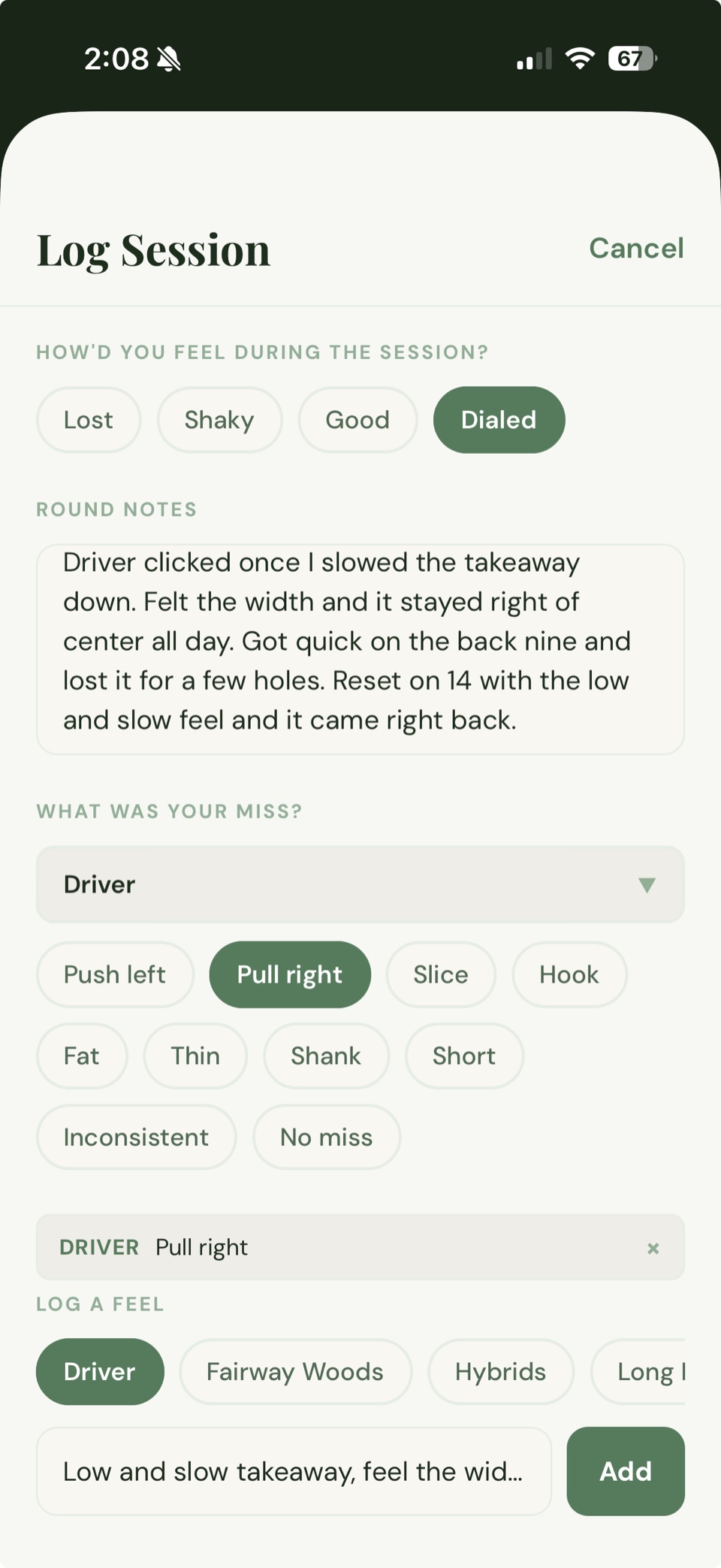 Logging a session in Grooved — mood, round notes, misses, and feels by club