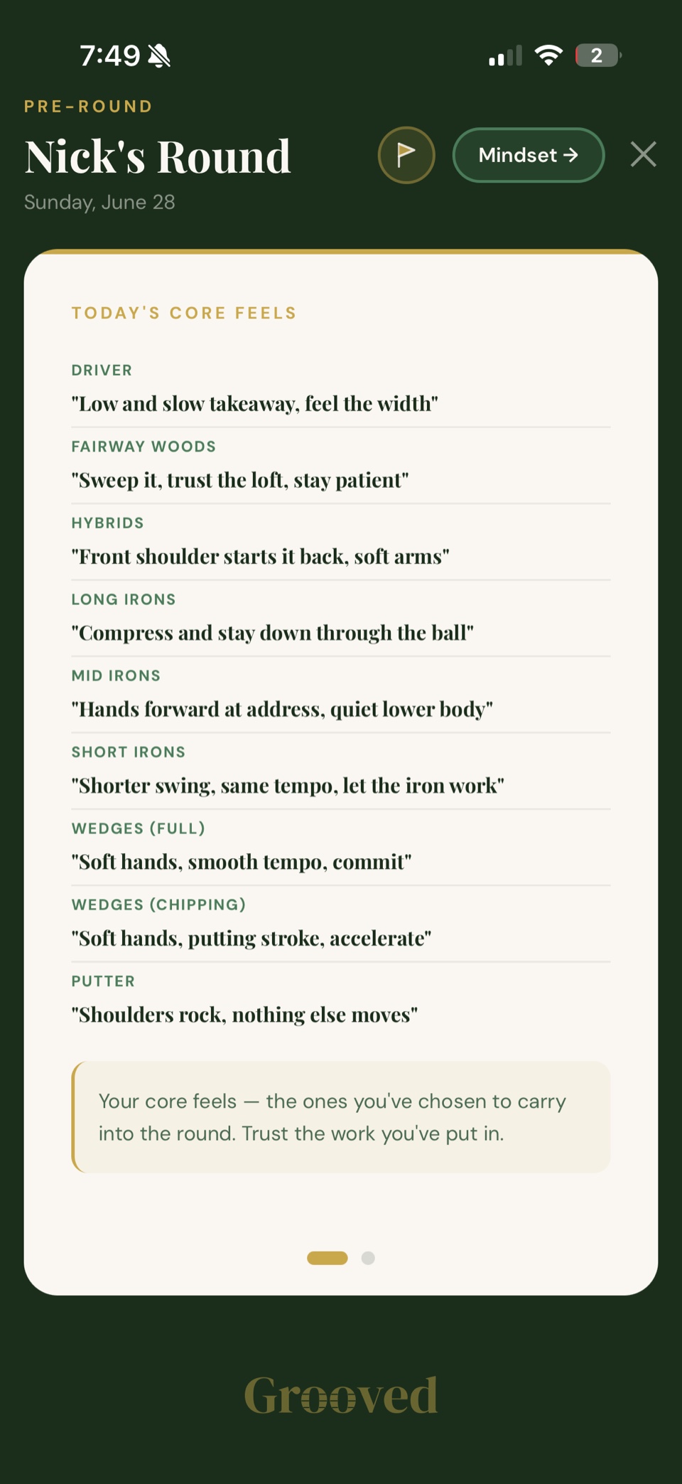 The Grooved pre-round notecard showing core feels for every club